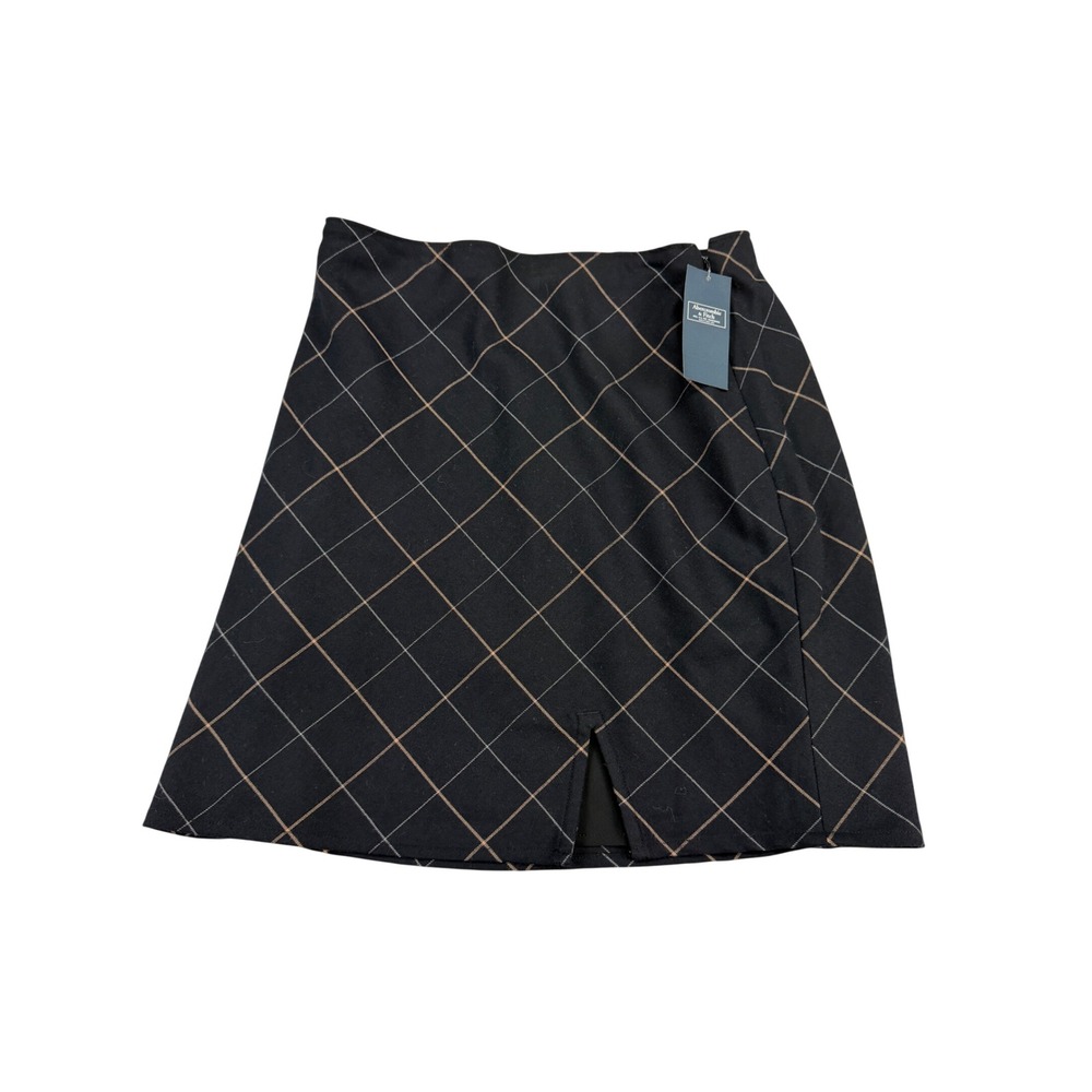 Abercrombie & Fitch Plaid Mini Skirt Black Tan Windowpane Front Slit XS New
